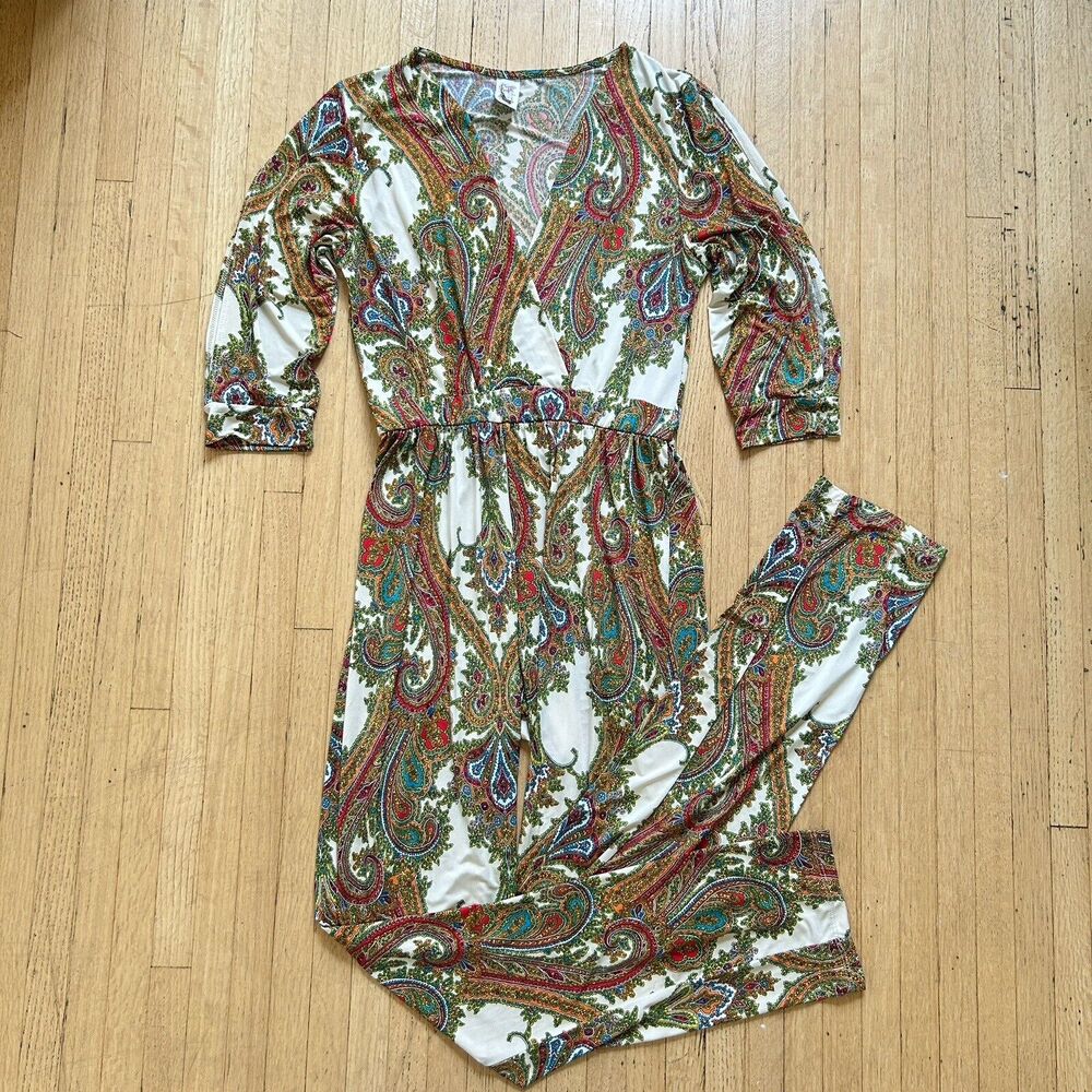 Vintage TRUE LIGHT 70s Paisley Palazzo Jumpsuit Boho Multicolor Size L